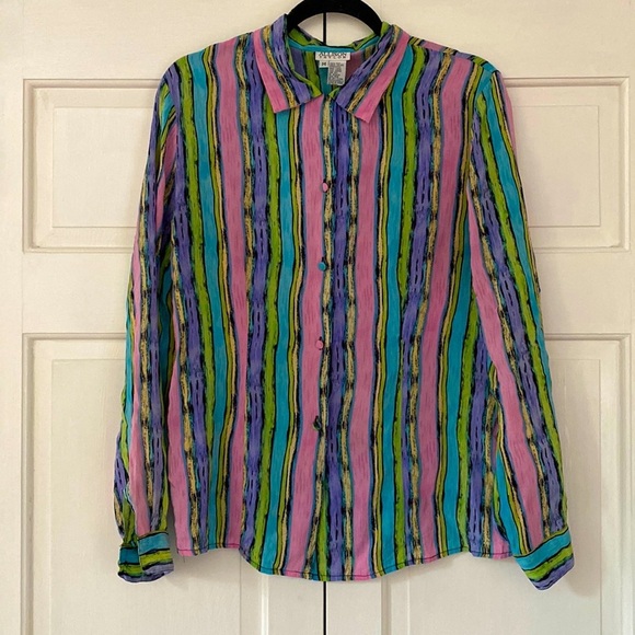 Allison Taylor Vintage 100% Silk 90s Collared‎ Blouse Striped Pastels Rugrats - Picture 1 of 9